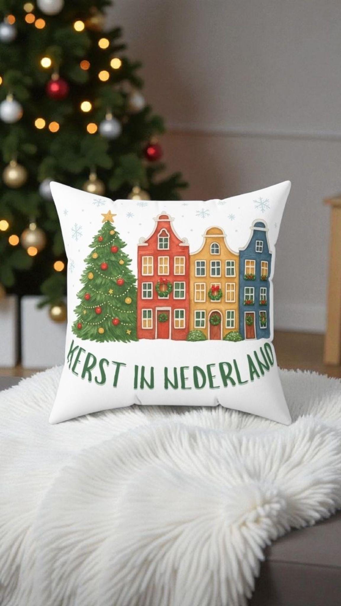 Dutch Christmas Pillow, Kerst in Nederland Cushion, Amsterdam Canal Houses Throw Pillow, Cozy Dutch Holiday Decor, Gezellig Christmas Accent