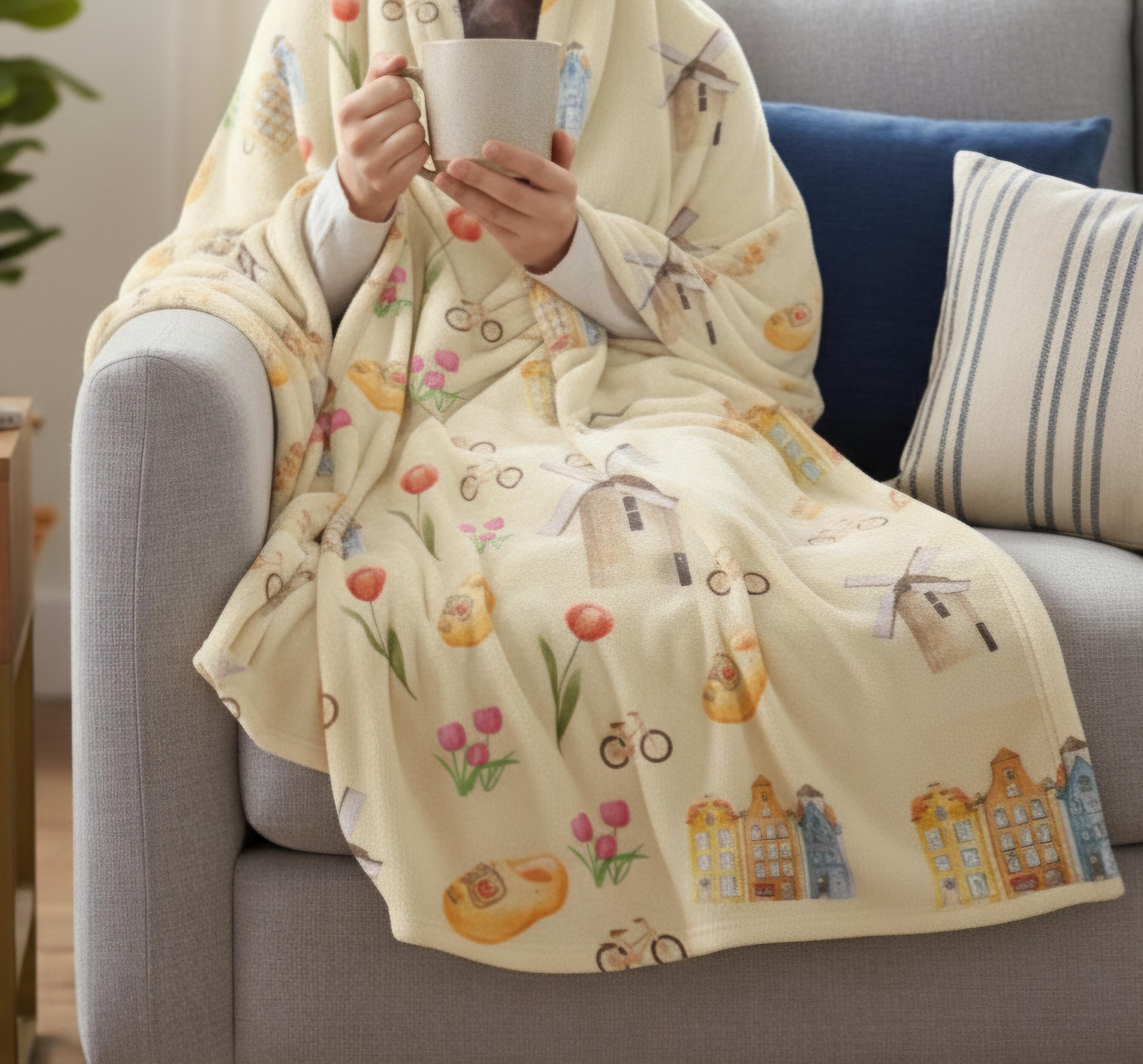 Dutch Windmill Tulip Throw Blanket | Holland Fleece Print | Netherlands Decor, Housewarming Gift, European Heritage Home