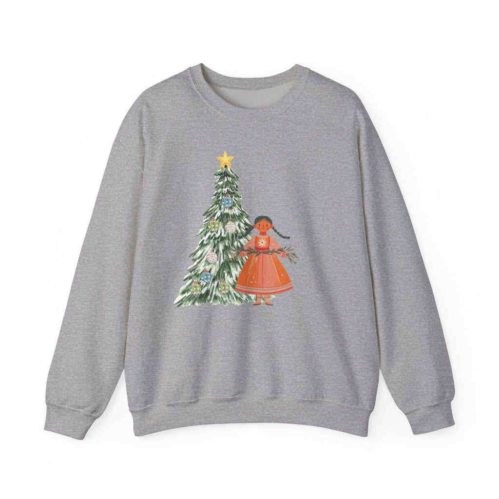Scandi Christmas Tree Girl Sweater, Whimsical Holiday Pullover, Nordic Christmas Sweatshirt, Scandinavian Winter Aesthetic Jumper, Cozy Xmas