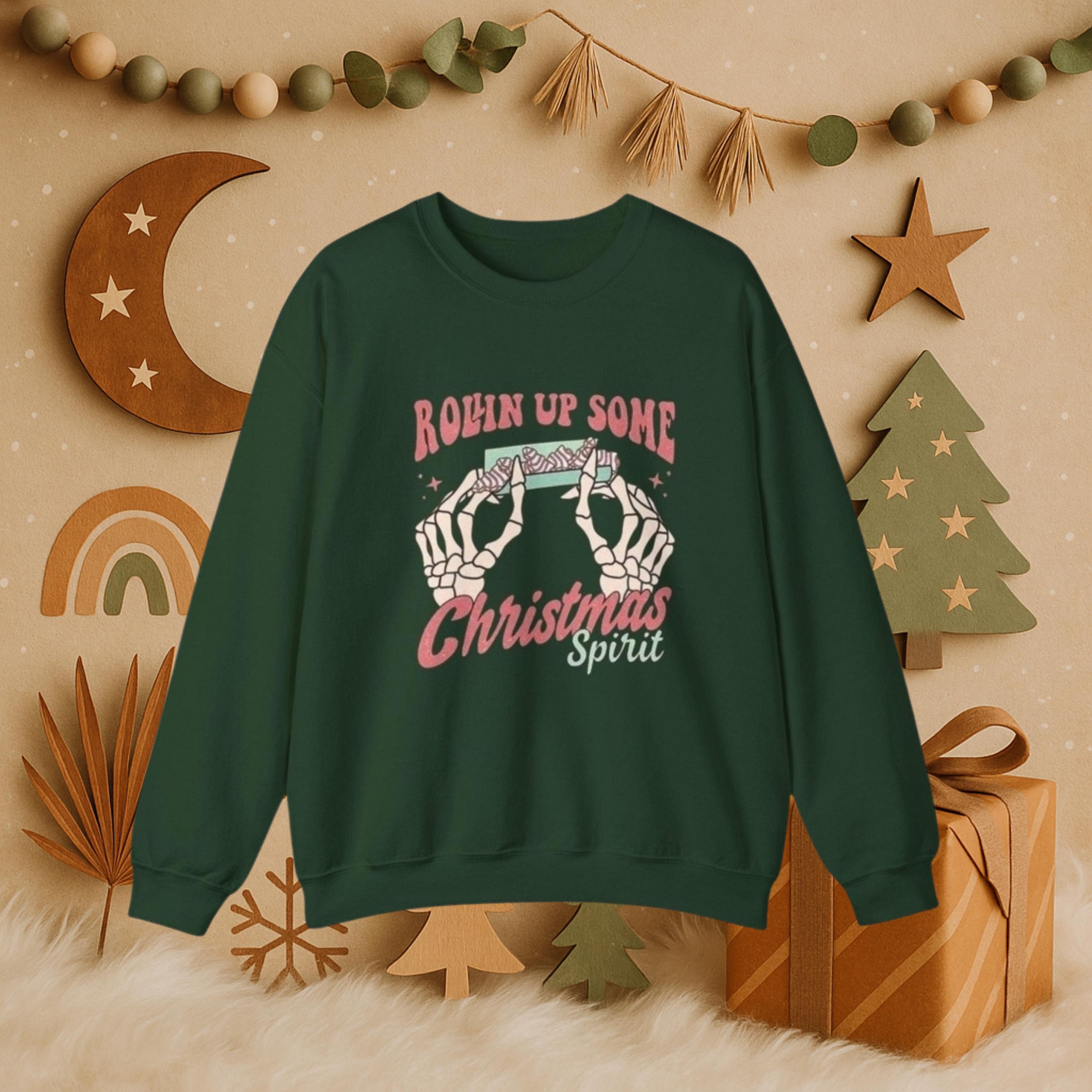 Roll It Up Christmas Spirit Sweatshirt | Retro Cozy Holiday Crewneck | Funny Christmas Weed Hoodie Style | Unisex Festive Sweatshirt