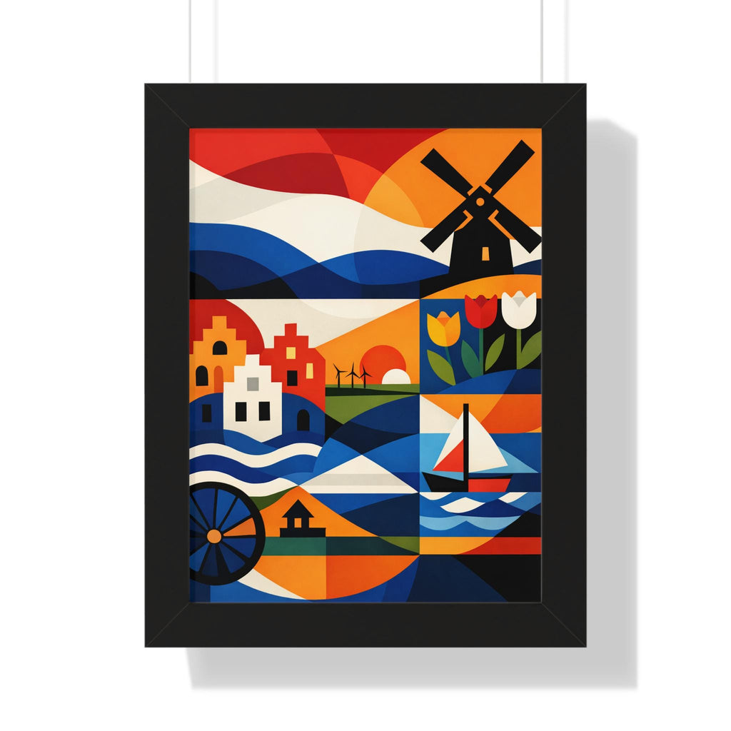 Abstract Dutch Wall Art Print | Netherlands Tulip Windmill Art | Modern European Decor | Scandinavian Style Framed Poster | Holland
