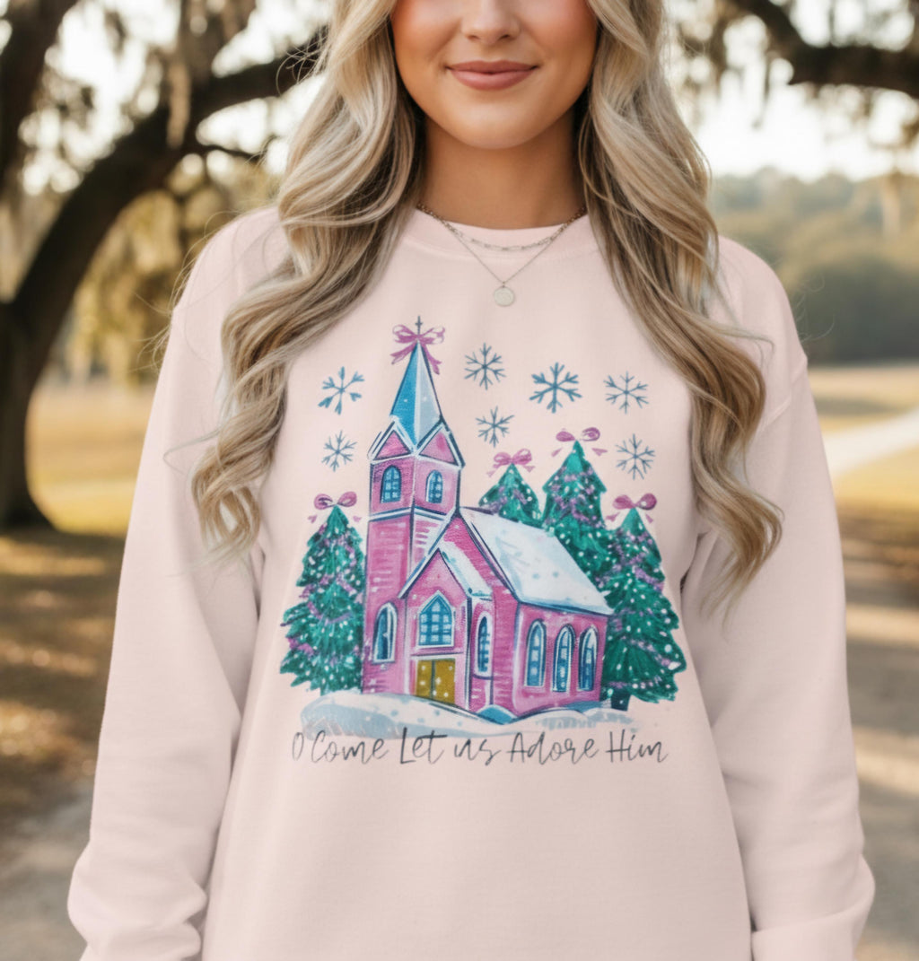Whimsical Christmas Church Sweatshirt • Pastel Holiday Village Crewneck • Cozy Christian Winter Sweatshirt for Women