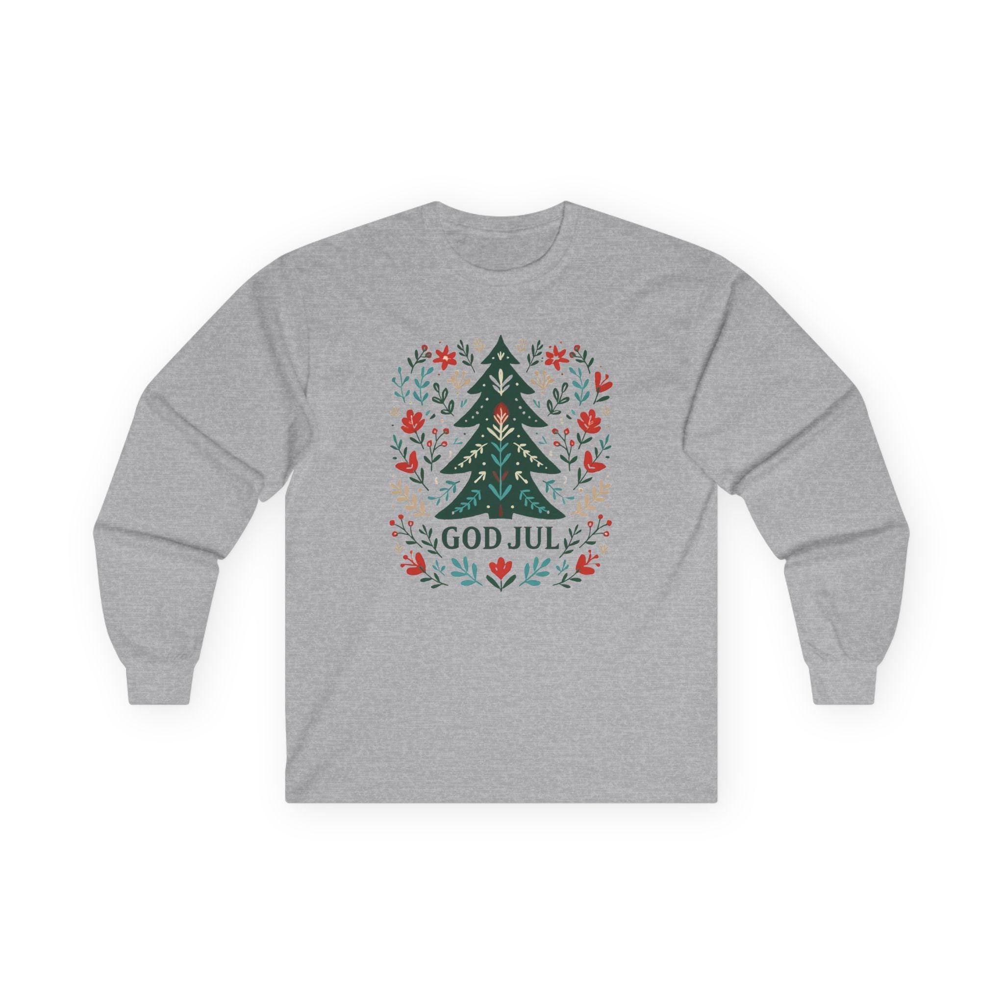 Scandinavian God Jul Shirt – Nordic Folk Art Christmas Tree Long Sleeve Tee, Hygge Holiday Shirt, Danish Christmas Top