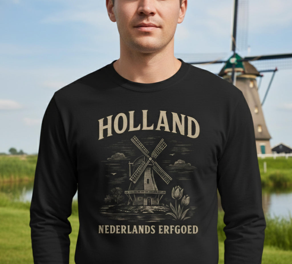 Vintage Dutch Windmill Shirt Men | Holland Long Sleeve Tee | Nederlands Erfgoed Graphic | Rustic Netherlands Heritage Shirt |Masculine Dutch