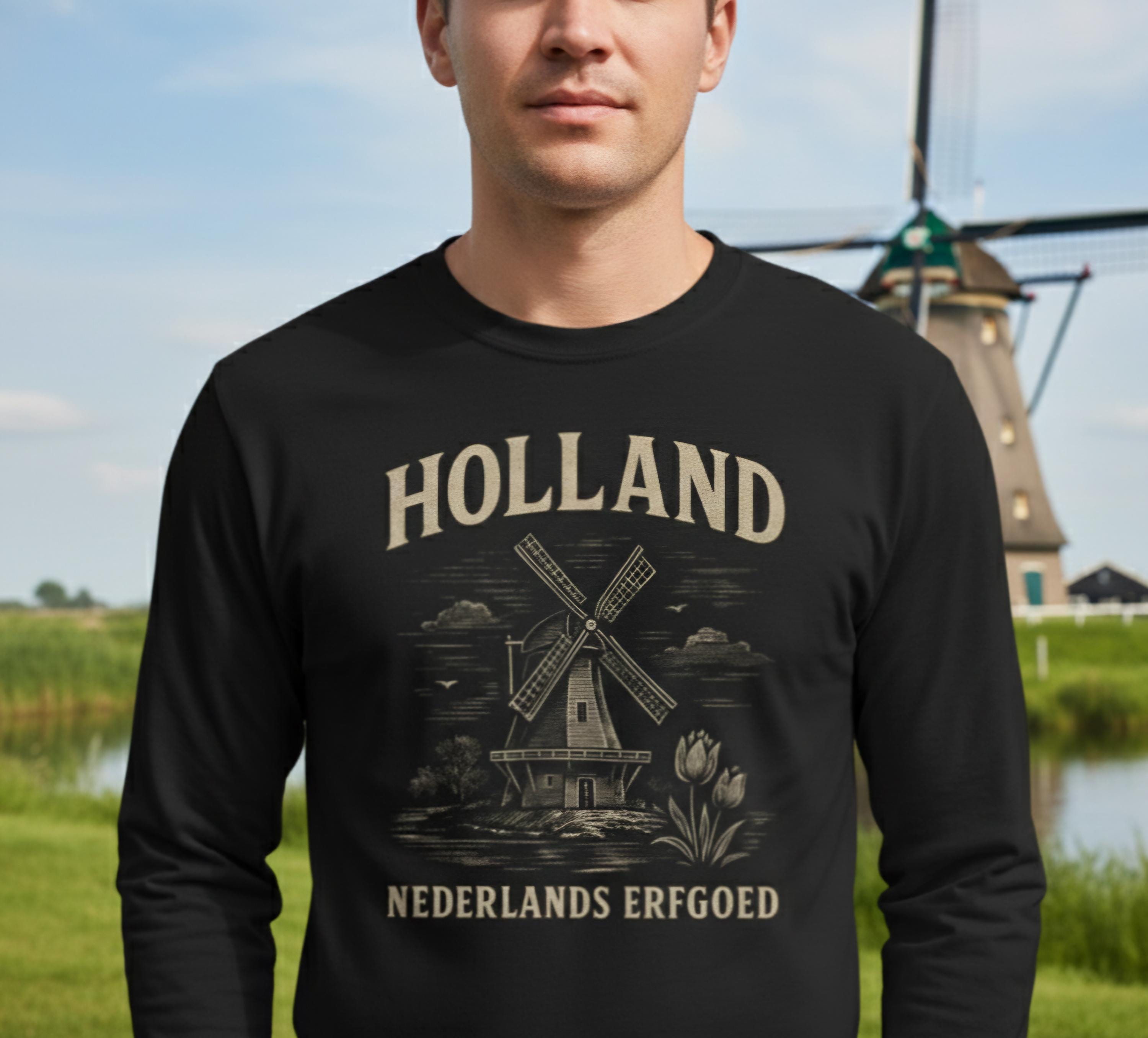 Vintage Dutch Windmill Shirt Men | Holland Long Sleeve Tee | Nederlands Erfgoed Graphic | Rustic Netherlands Heritage Shirt |Masculine Dutch
