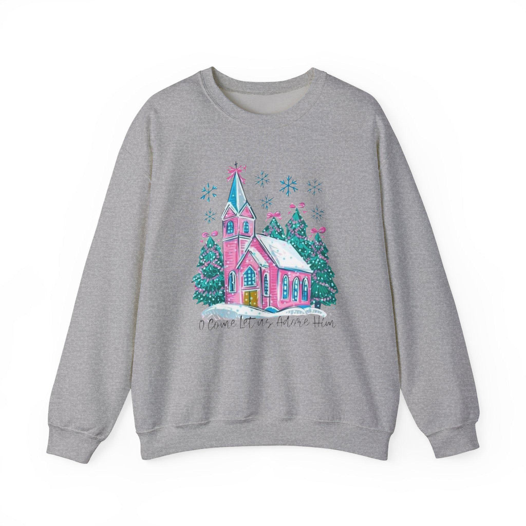 Whimsical Christmas Church Sweatshirt • Pastel Holiday Village Crewneck • Cozy Christian Winter Sweatshirt for Women