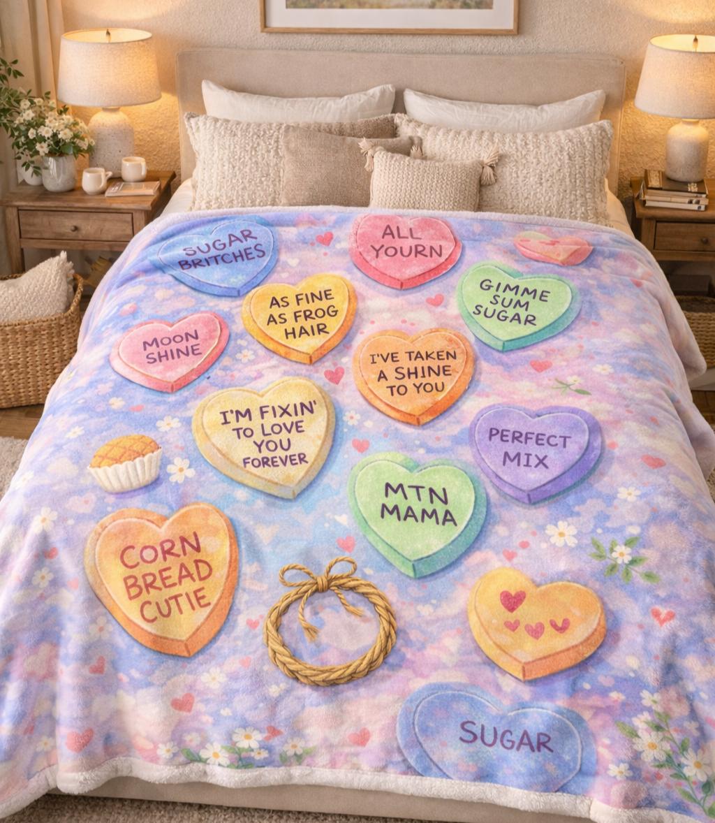 Appalachian Valentine Blanket | Southern Love Sayings Throw | All Yourn Pastel Candy Hearts | Cozy Country Valentine Gift