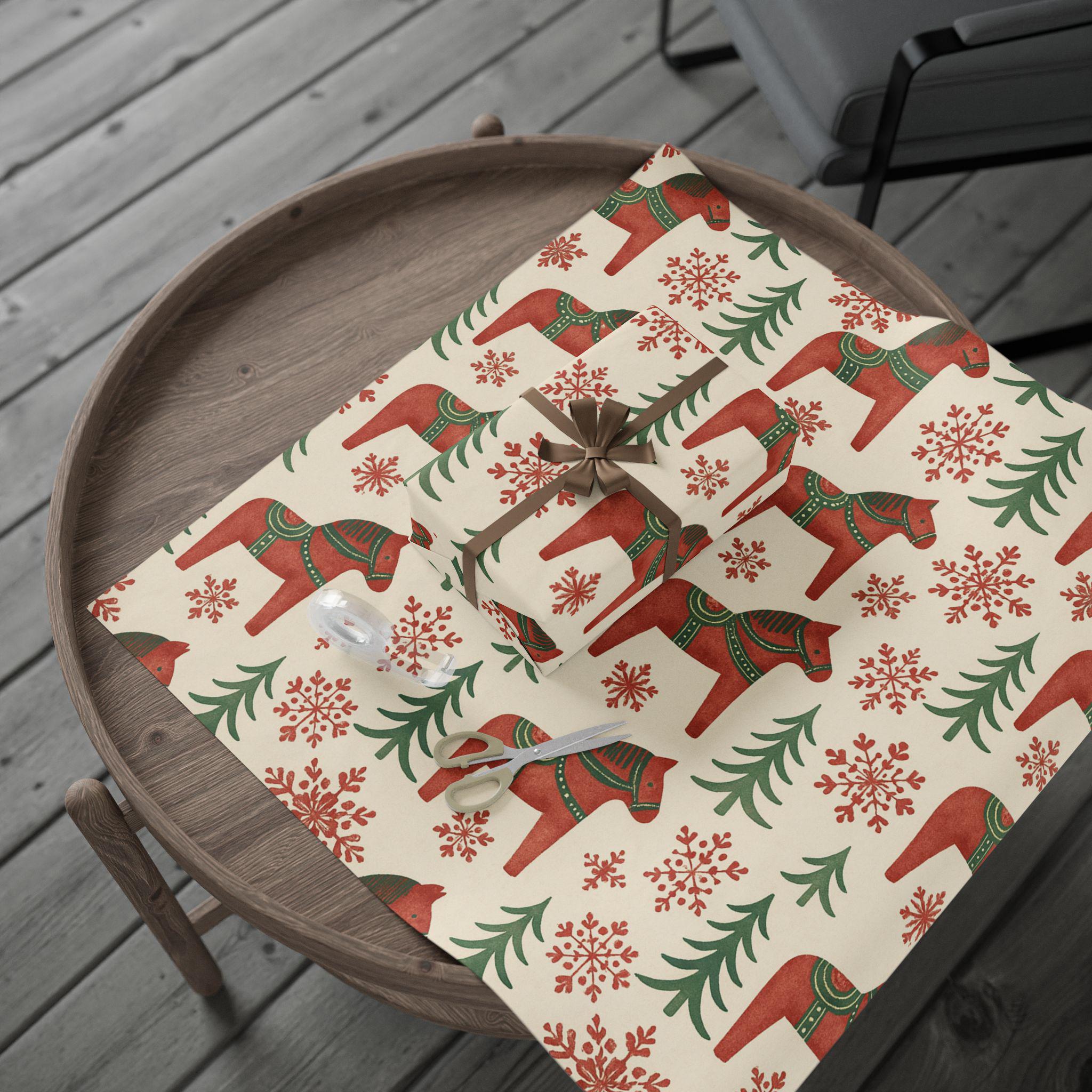 Nordic Christmas Dala Horse Wrapping Paper | Scandinavian Holiday Pattern | Folk Art Winter Trees & Snowflakes Gift Wrap