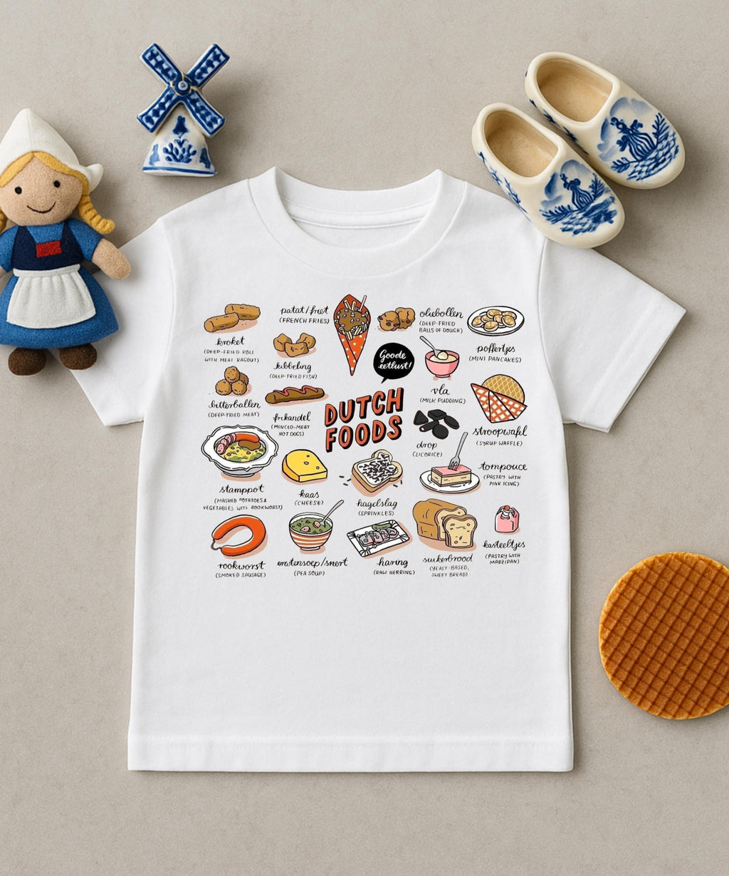 Cute Dutch Foods Kids T-Shirt | Stroopwafel, Bitterballen, Gouda Cheese | Kawaii Nederlandse Food Tee for Kids