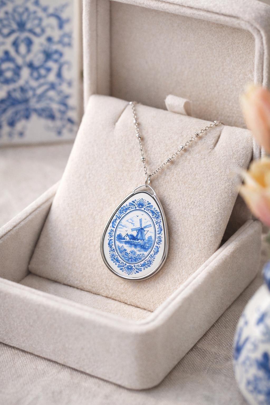 Delft Blue Windmill Necklace | Dutch Ceramic Inspired Oval Pendant | Holland Gift | Blue & White European Jewelry | Netherlands Charm