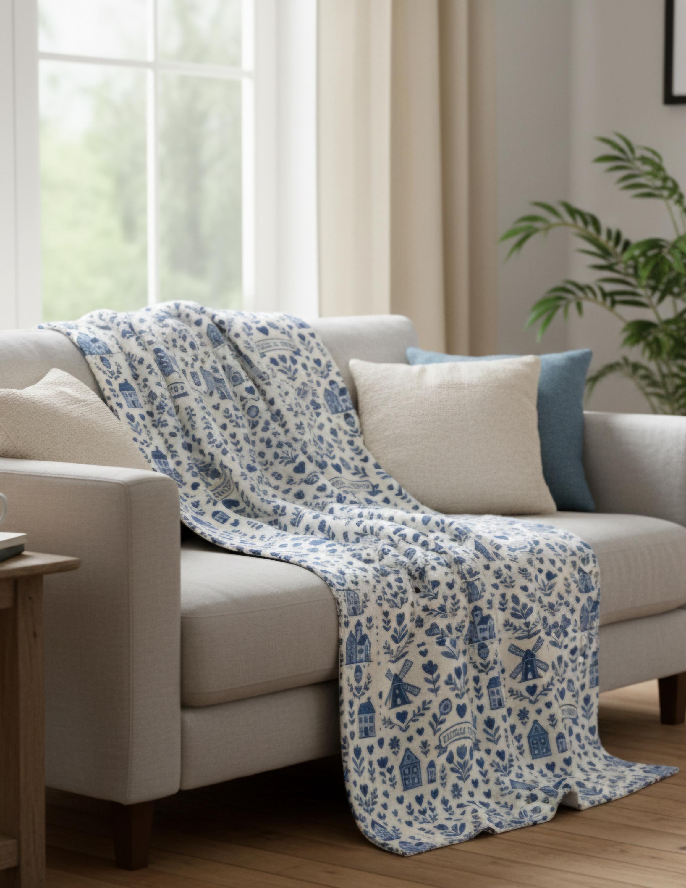 Delft Blue Dutch Blanket – Cozy Velveteen Throw | Dutch Home Decor | Blue & White Pattern Blanket | European Style Throw | Delft Tile