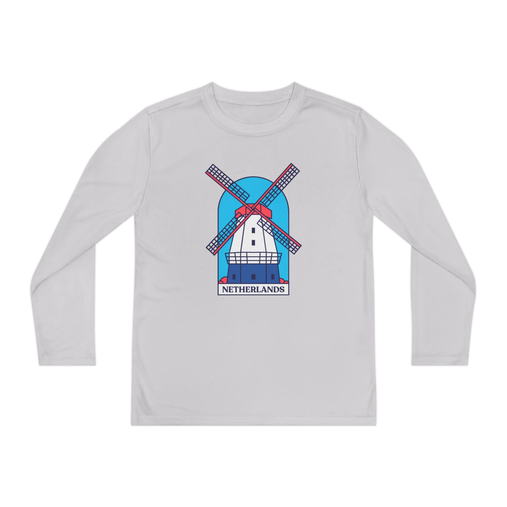 Youth Netherlands Windmill Shirt – Dutch Long Sleeve Tee for Kids, Holland Travel Gift, Cute Windmill Graphic Top