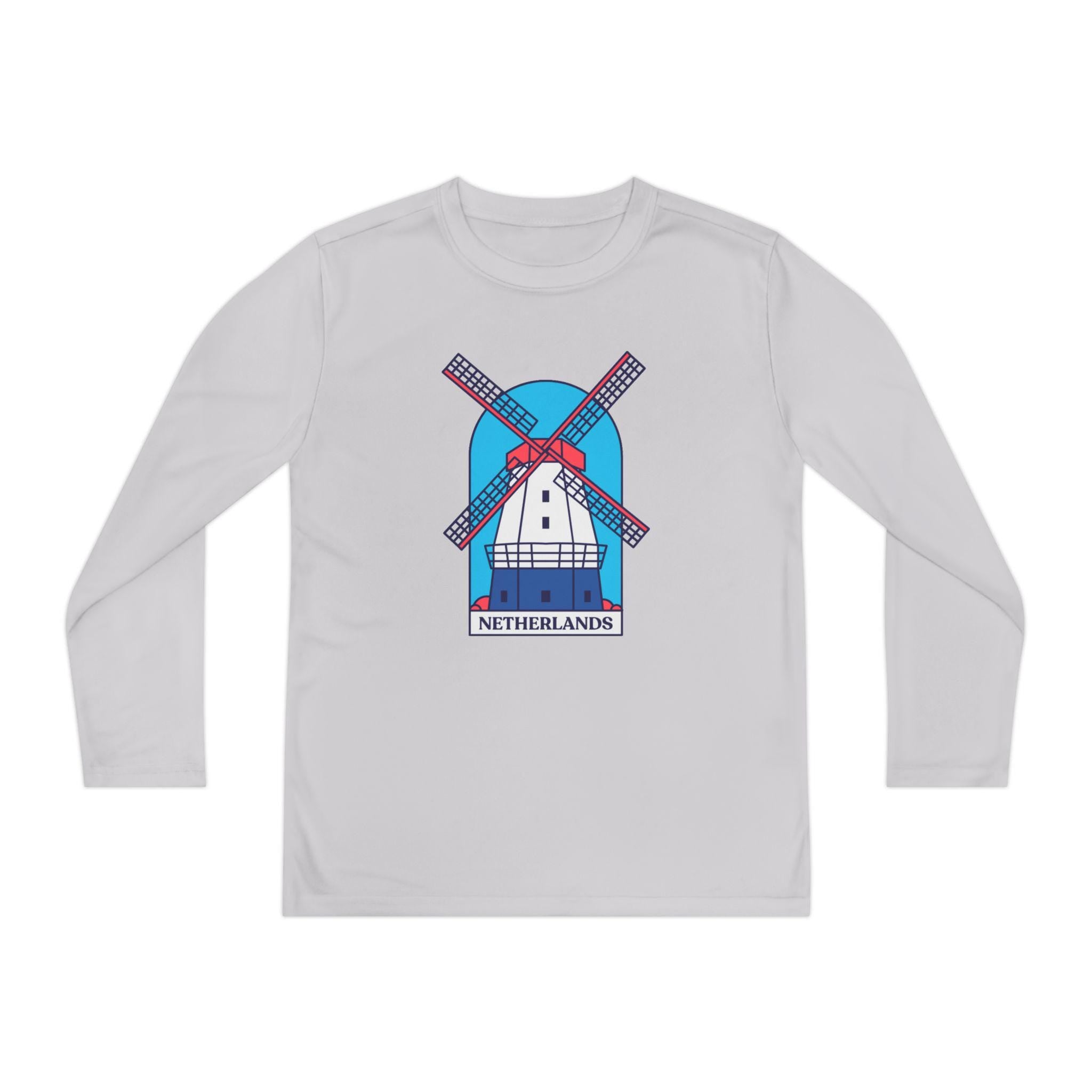Youth Netherlands Windmill Shirt – Dutch Long Sleeve Tee for Kids, Holland Travel Gift, Cute Windmill Graphic Top