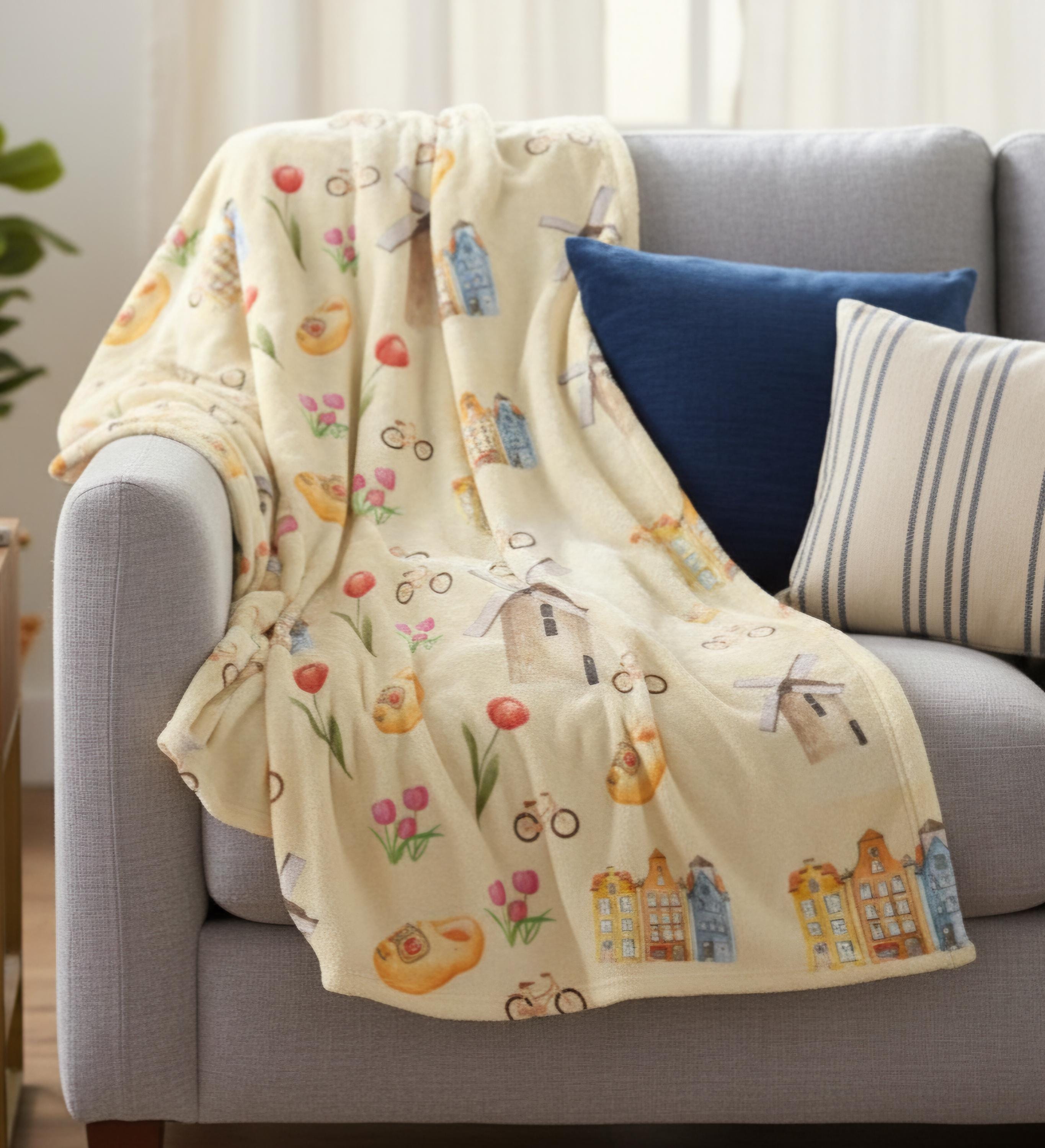 Dutch Windmill Tulip Throw Blanket | Holland Fleece Print | Netherlands Decor, Housewarming Gift, European Heritage Home