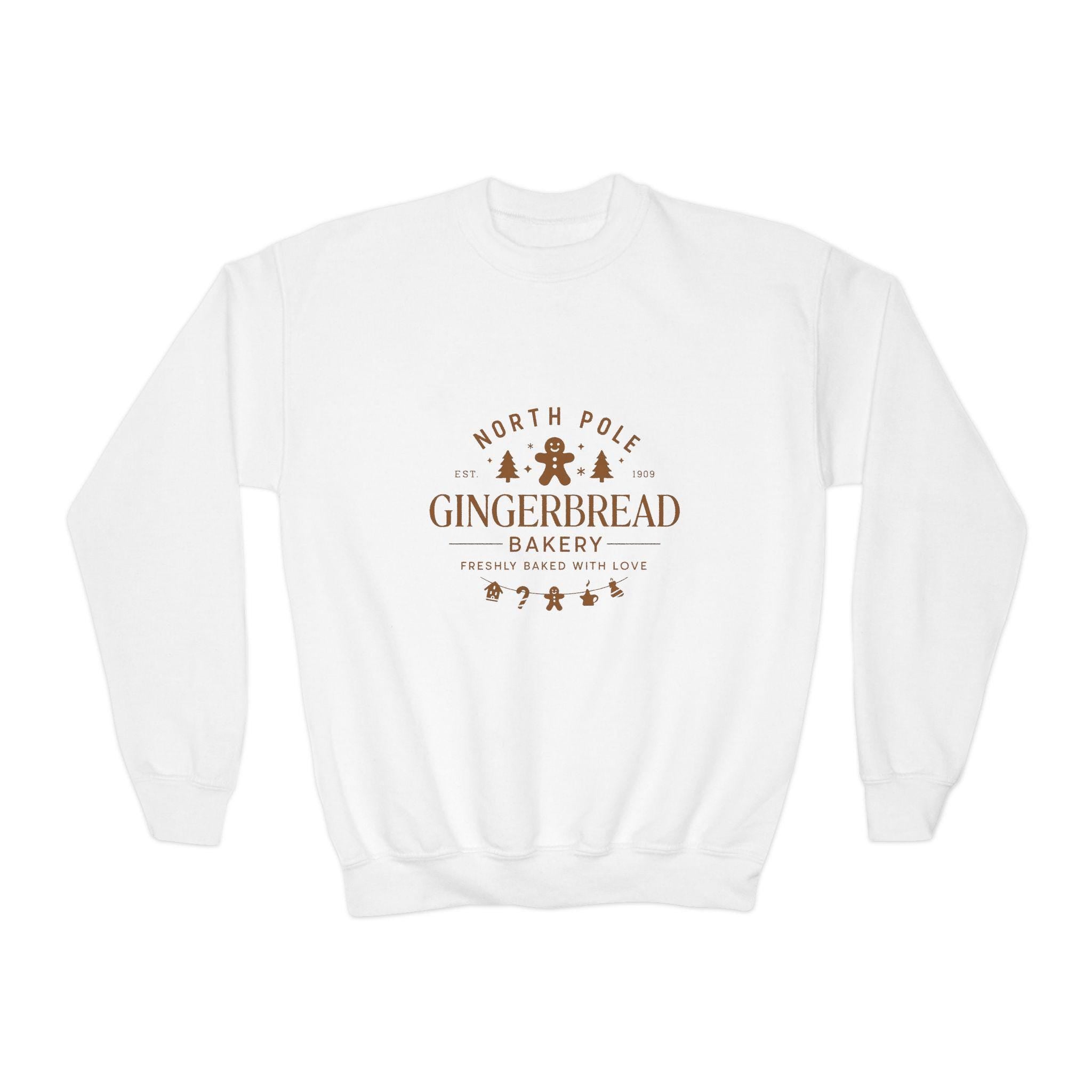 North Pole Gingerbread Bakery Kids Christmas Sweatshirt | Cute Holiday Sweater for Boys & Girls | Festive Gingerbread Top