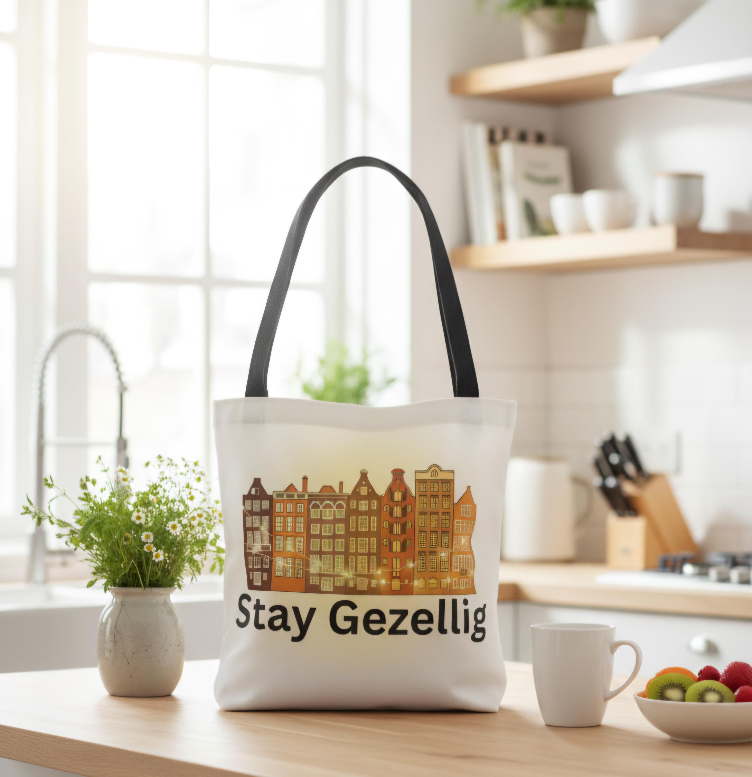 Stay Gezellig Tote Bag • Dutch Inspired Bag • Market Tote • Eco-Friendly AOP Bag • Cute Travel & Beach Bag • Gifts for Europe Lovers