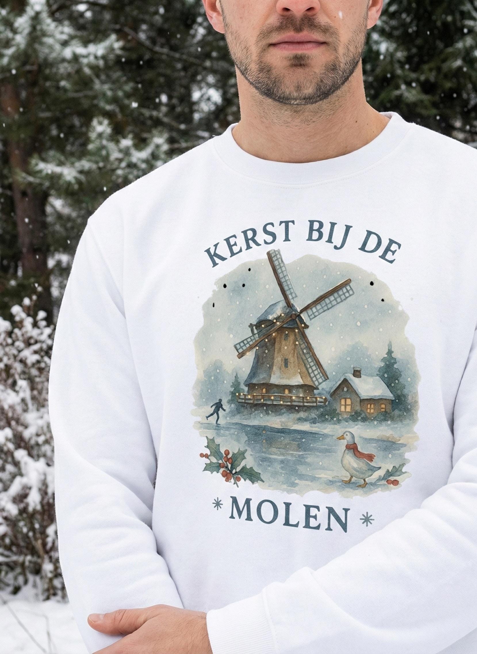 Kerst bij de Molen Dutch Christmas Sweatshirt | Watercolor Windmill Winter Scene | Holland Holiday Crewneck | Vintage Dutch Winter Village