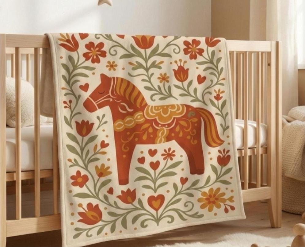 Nordic Dala Horse Blanket | Scandinavian Folk Art Multi Size | Swedish Decor | Boho Cottage Blanket | Cozy Folk Pattern | Gift-ready