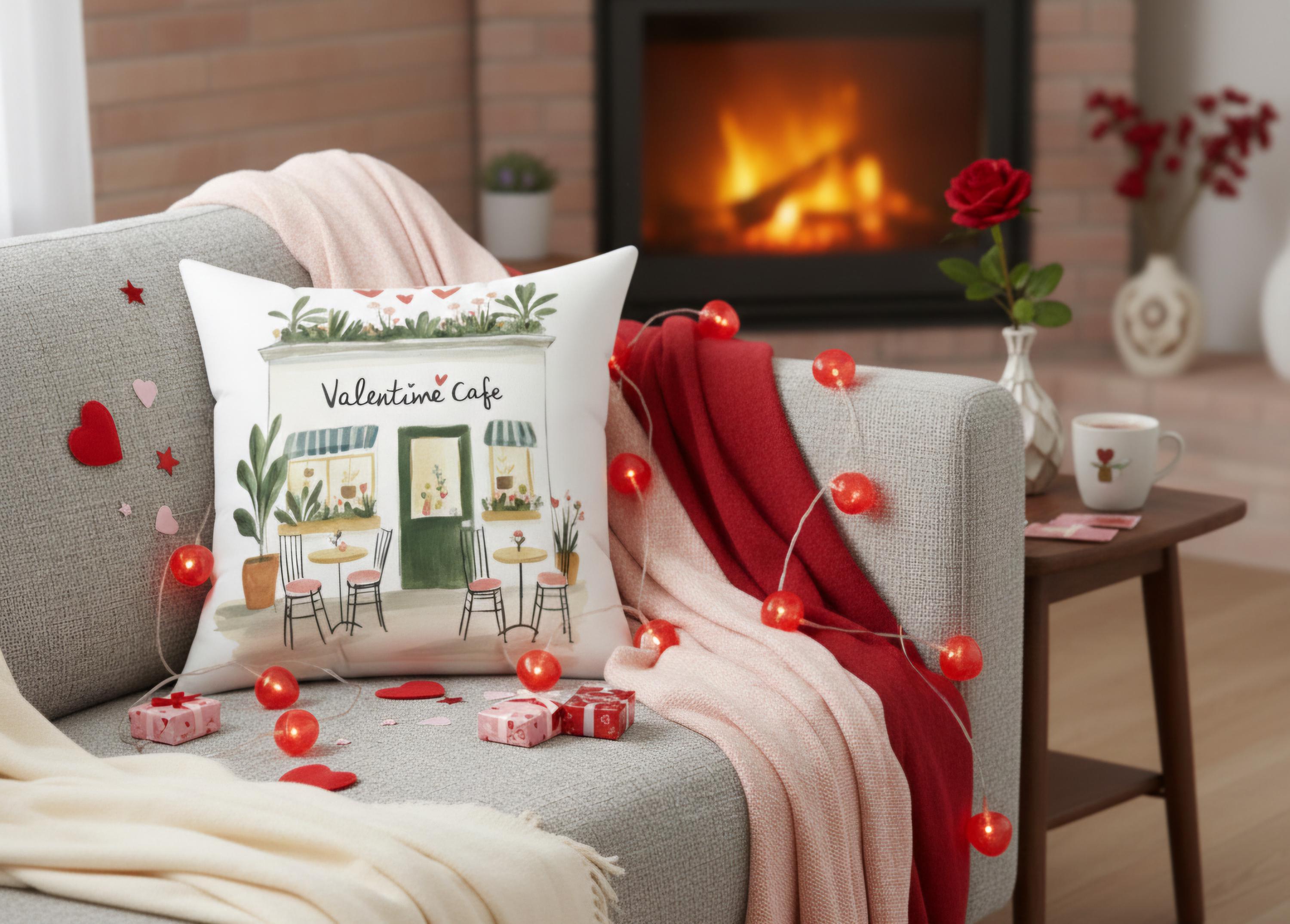 Parisian Valentine Café Pillow Cover, Romantic French Bistro Decor, Valentines Day Throw Pillow, Cozy Café Illustration, Paris Home Accent