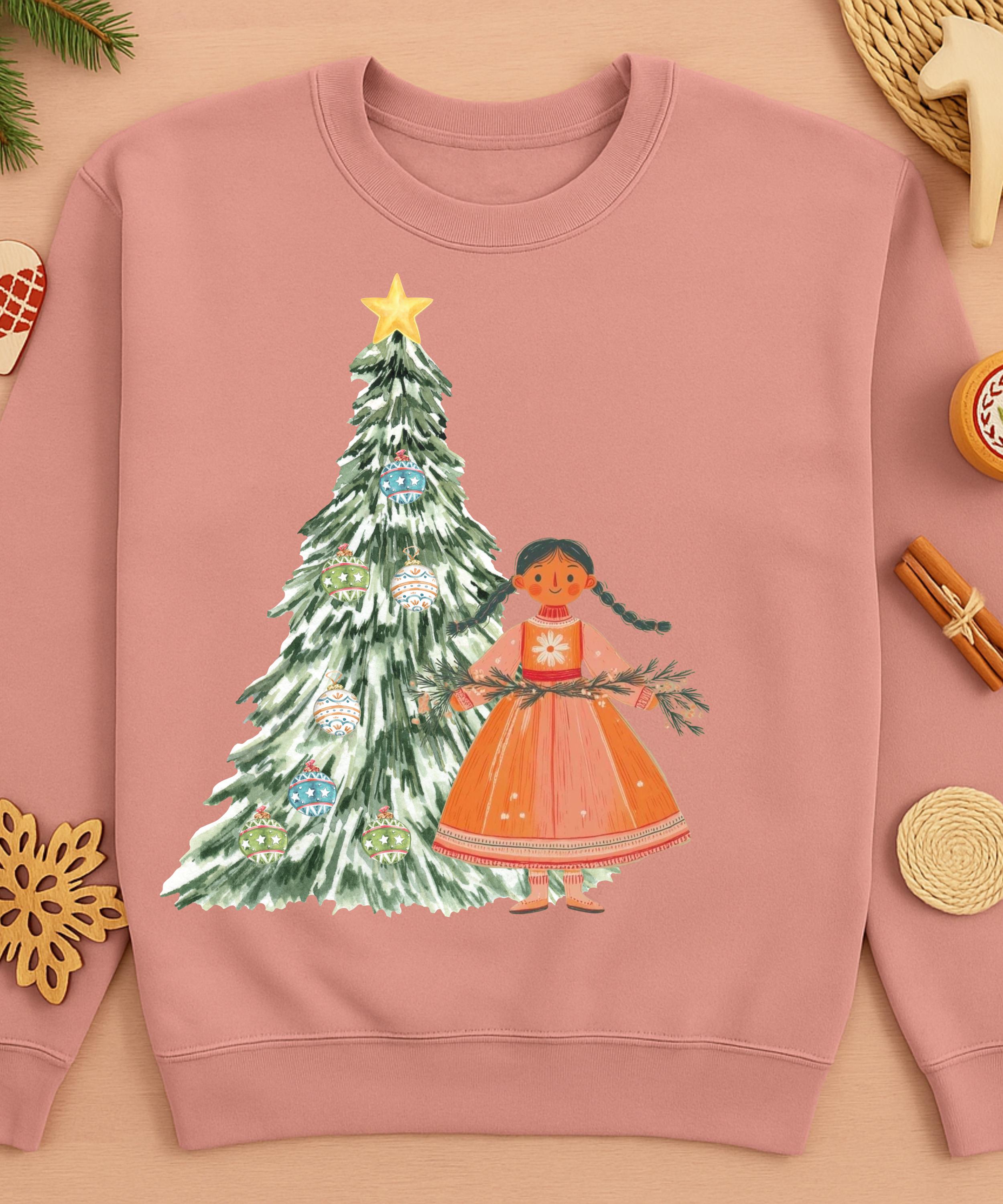 Scandi Christmas Tree Girl Sweater, Whimsical Holiday Pullover, Nordic Christmas Sweatshirt, Scandinavian Winter Aesthetic Jumper, Cozy Xmas