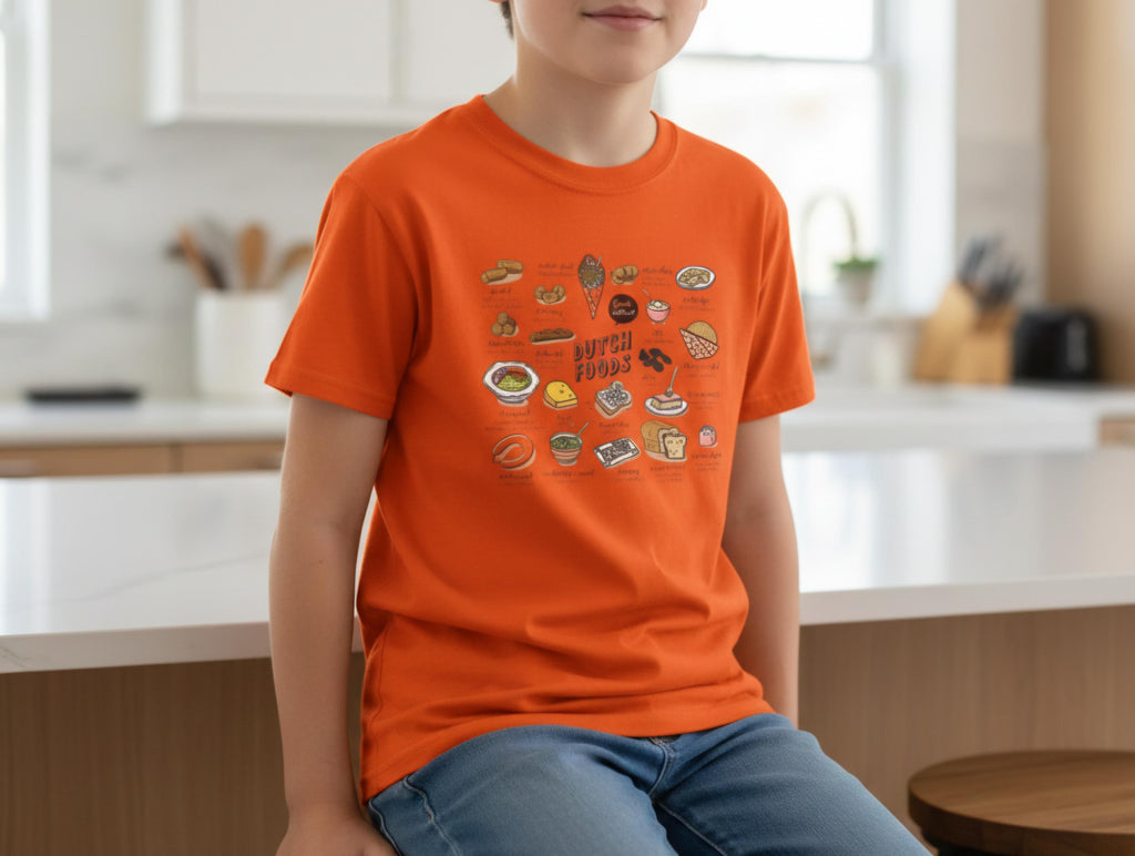 Cute Dutch Foods Kids T-Shirt | Stroopwafel, Bitterballen, Gouda Cheese | Kawaii Nederlandse Food Tee for Kids