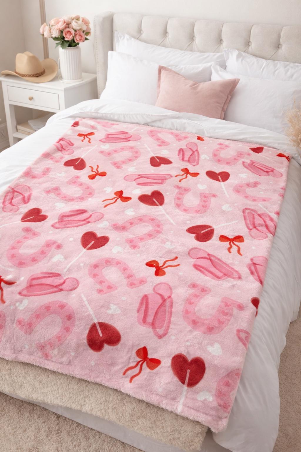 Valentine Cowgirl Blanket | Pink Western Heart Throw Kawaii | Coquette Cowboy Decor | Cute Romantic Gift for Her | Western Valentines Day
