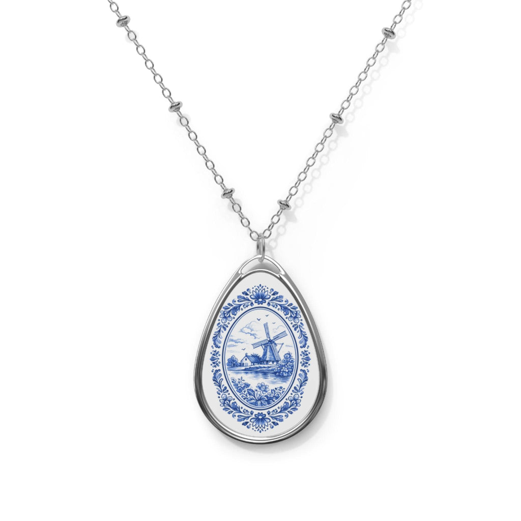 Delft Blue Windmill Necklace | Dutch Ceramic Inspired Oval Pendant | Holland Gift | Blue & White European Jewelry | Netherlands Charm