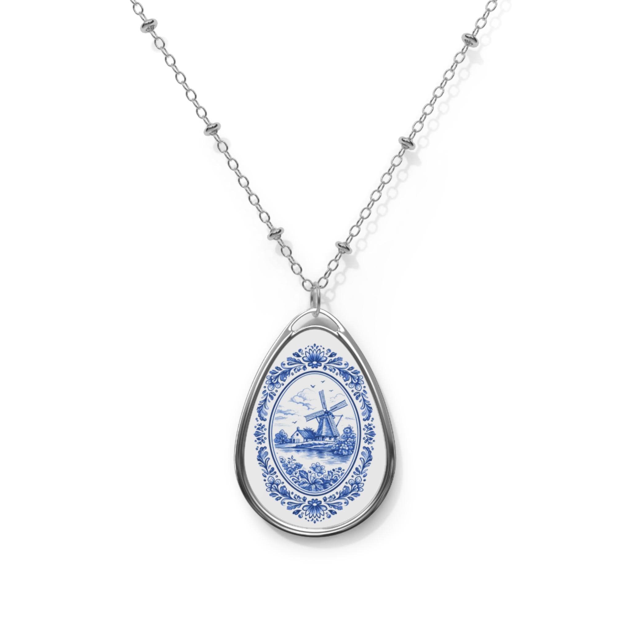 Delft Blue Windmill Necklace | Dutch Ceramic Inspired Oval Pendant | Holland Gift | Blue & White European Jewelry | Netherlands Charm
