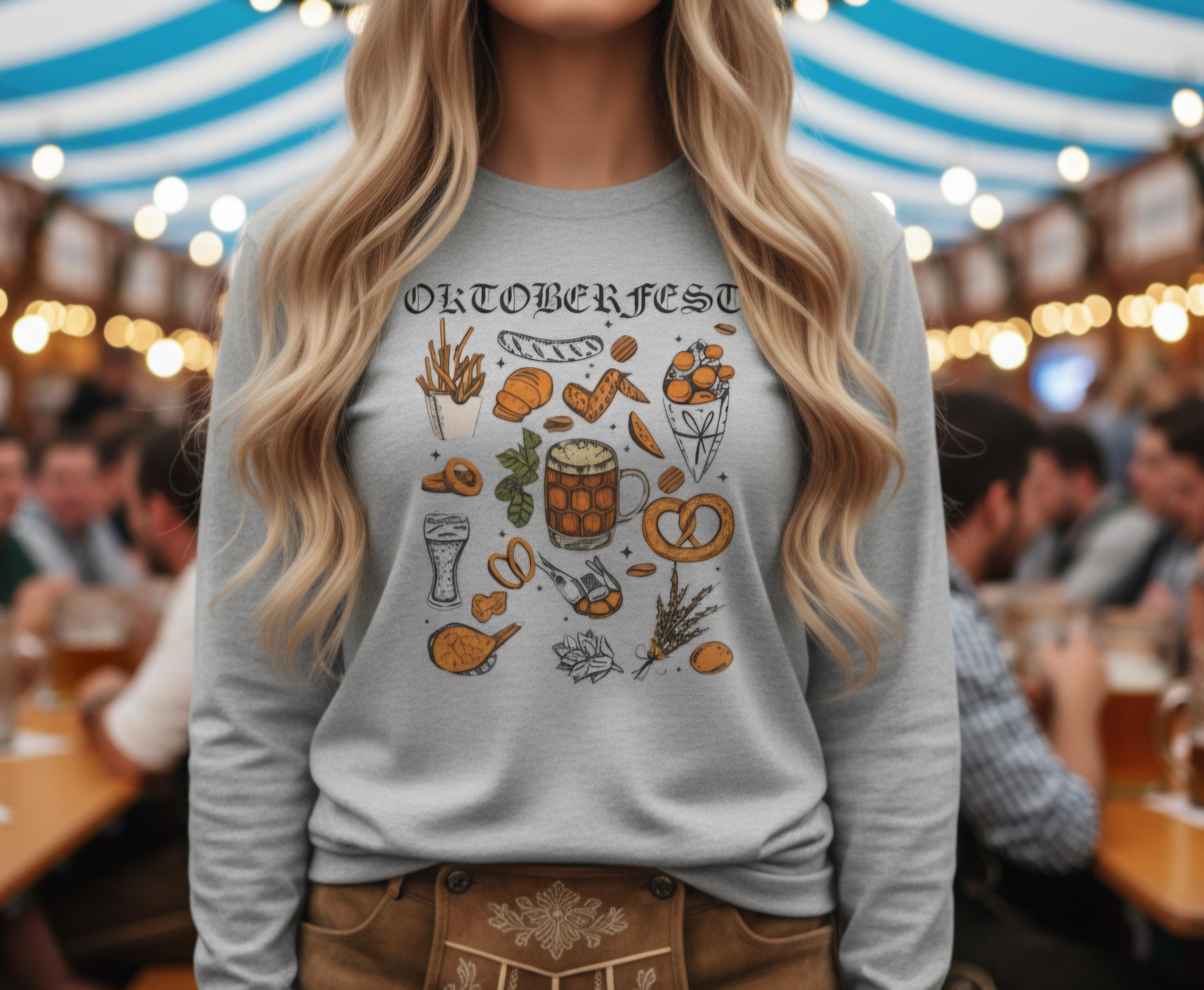 Oktoberfest Long Sleeve Shirt – German Bier & Food Graphic Tee, Bavarian Festival Top, Fall Party Shirt