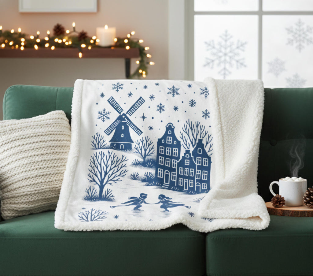 Dutch Winter Skating Scene Sherpa Fleece Blanket | Delft Blue Holland Village | Cozy Ice Skating Throw | Nordic Winter Decor | Dutch Gift