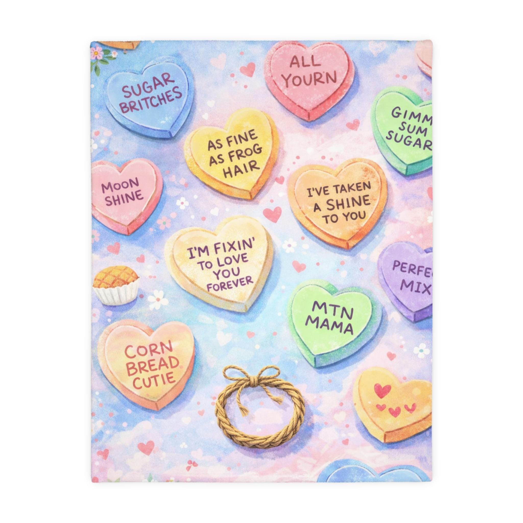 Appalachian Valentine Blanket | Southern Love Sayings Throw | All Yourn Pastel Candy Hearts | Cozy Country Valentine Gift