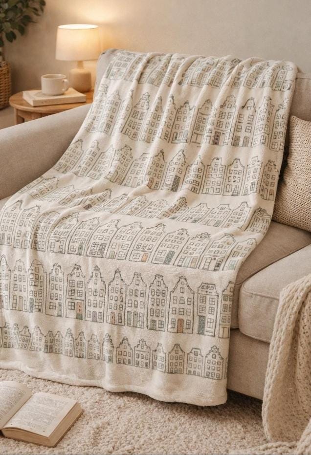 Dutch Houses Blanket | Neutral Nursery Throw | Cozy European Home Decor | Minimal Scandinavian Style | Baby and Toddler Gift