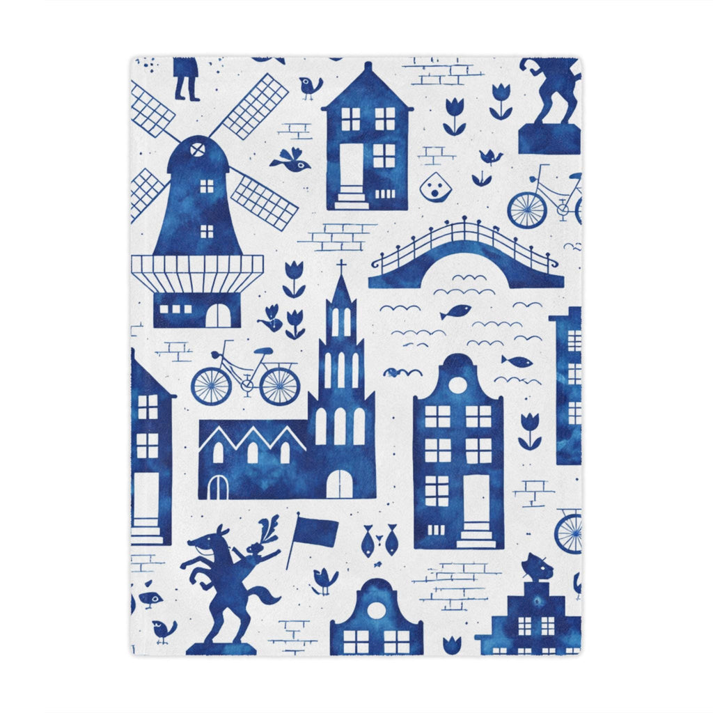 Dutch Delft Blue Minky Blanket | Cozy Holland Inspired Windmill and Canal House Throw | Soft Blue and White European Folk Decor | 3 Sizes