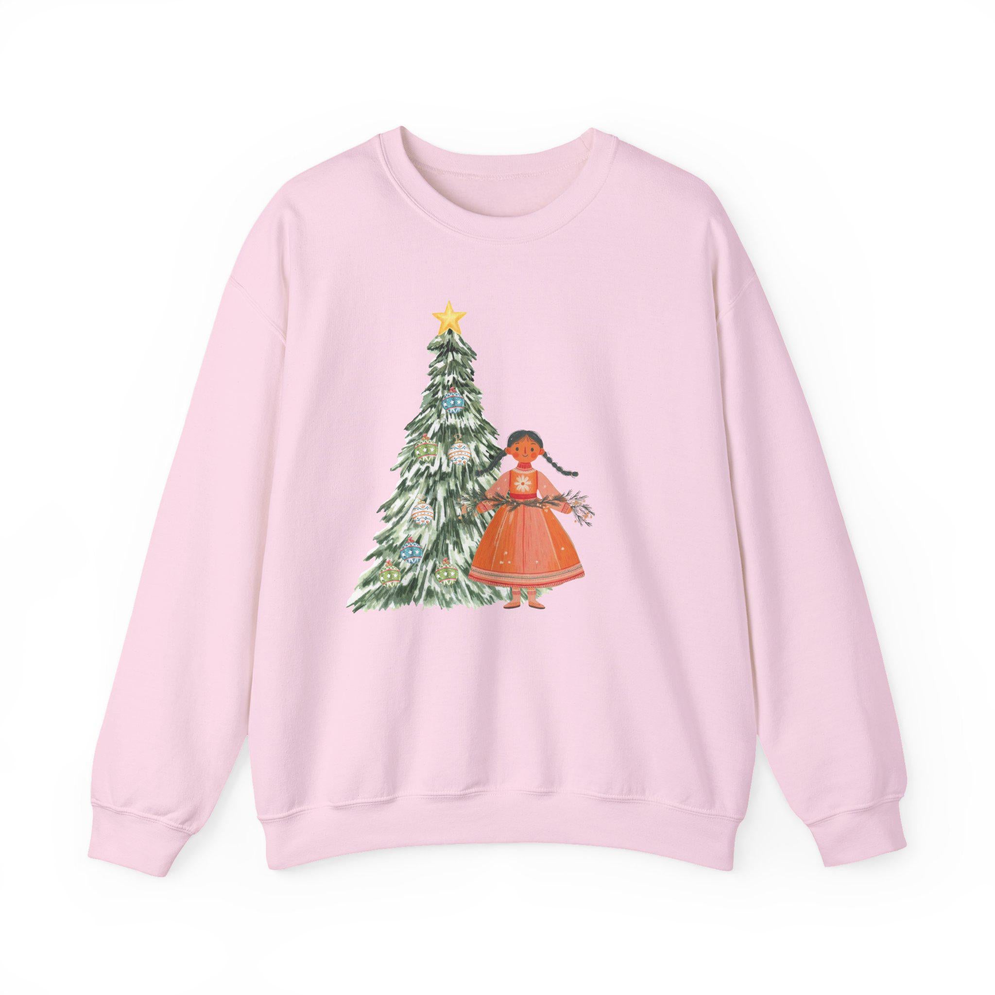 Scandi Christmas Tree Girl Sweater, Whimsical Holiday Pullover, Nordic Christmas Sweatshirt, Scandinavian Winter Aesthetic Jumper, Cozy Xmas