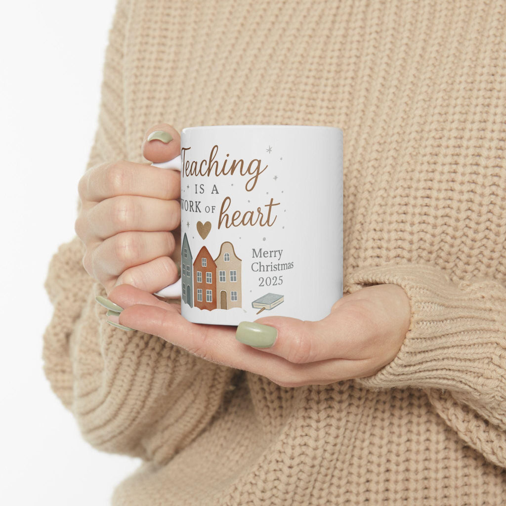 Teaching Is a Work of Heart Mug | Teacher Christmas Gift 2025 | Cozy Winter Village Coffee Cup | Holiday Classroom Gift for Teachers
