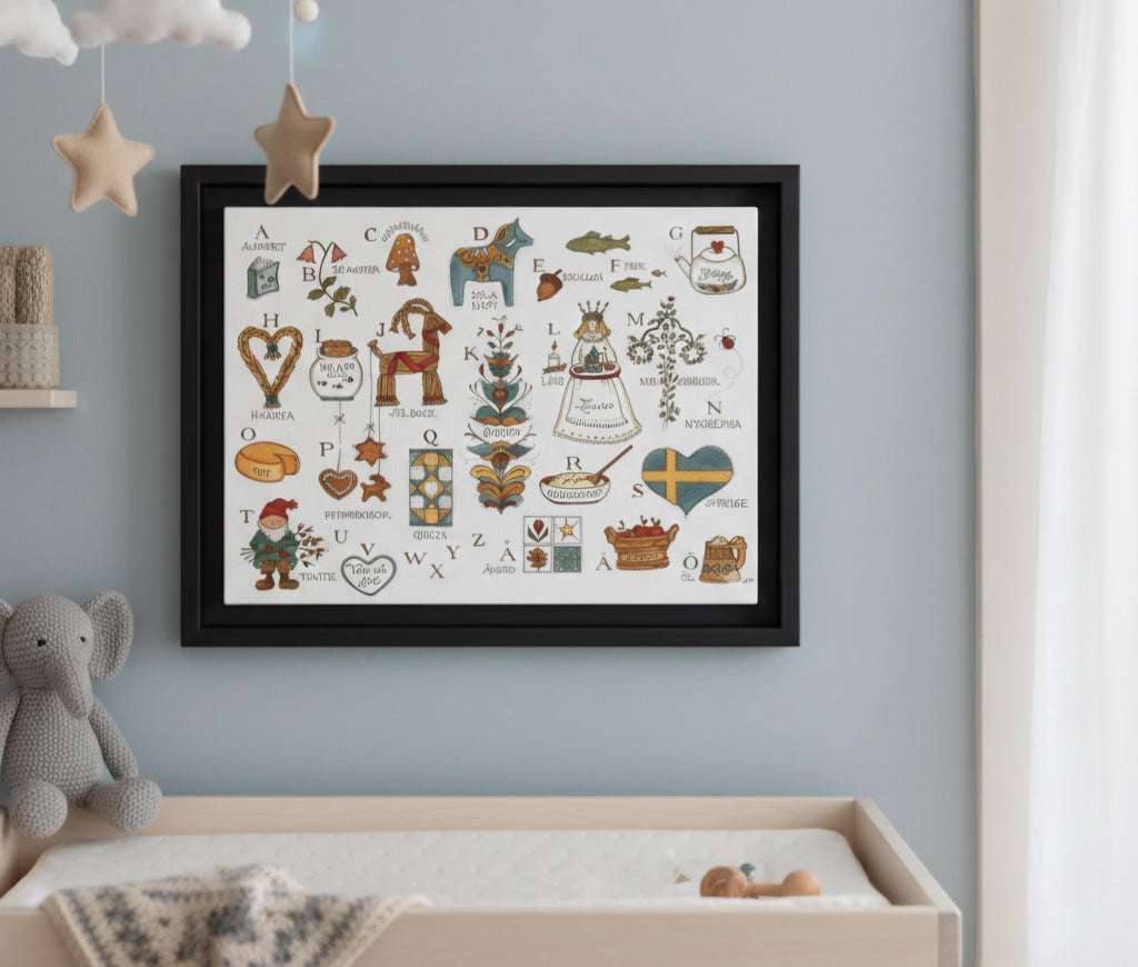 Scandinavian Alphabet Art Print | Swedish Folk Art ABC Poster | Nordic Nursery Wall Art | Dala Horse Alphabet | Framed Canvas Print