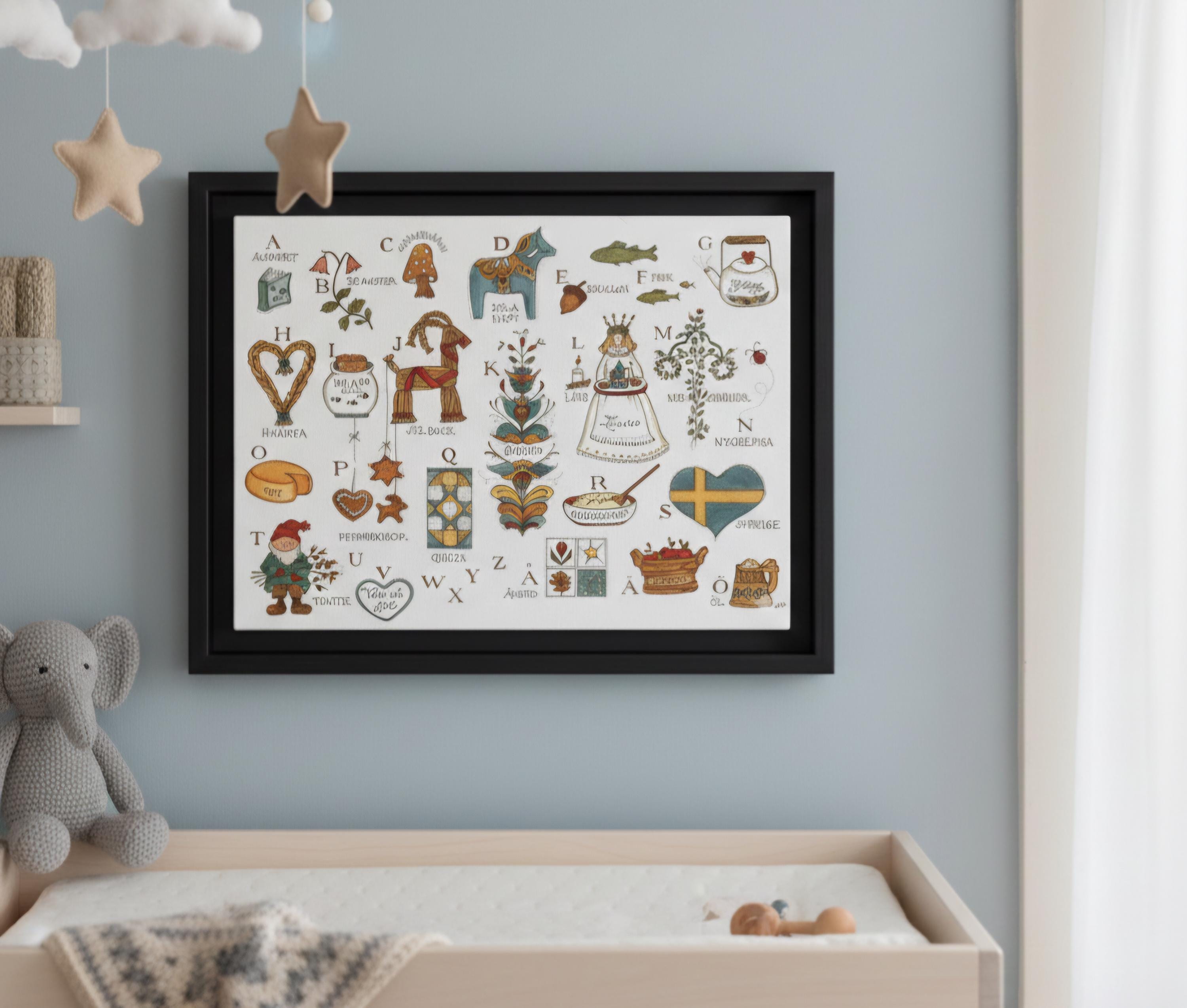Scandinavian Alphabet Art Print | Swedish Folk Art ABC Poster | Nordic Nursery Wall Art | Dala Horse Alphabet | Framed Canvas Print
