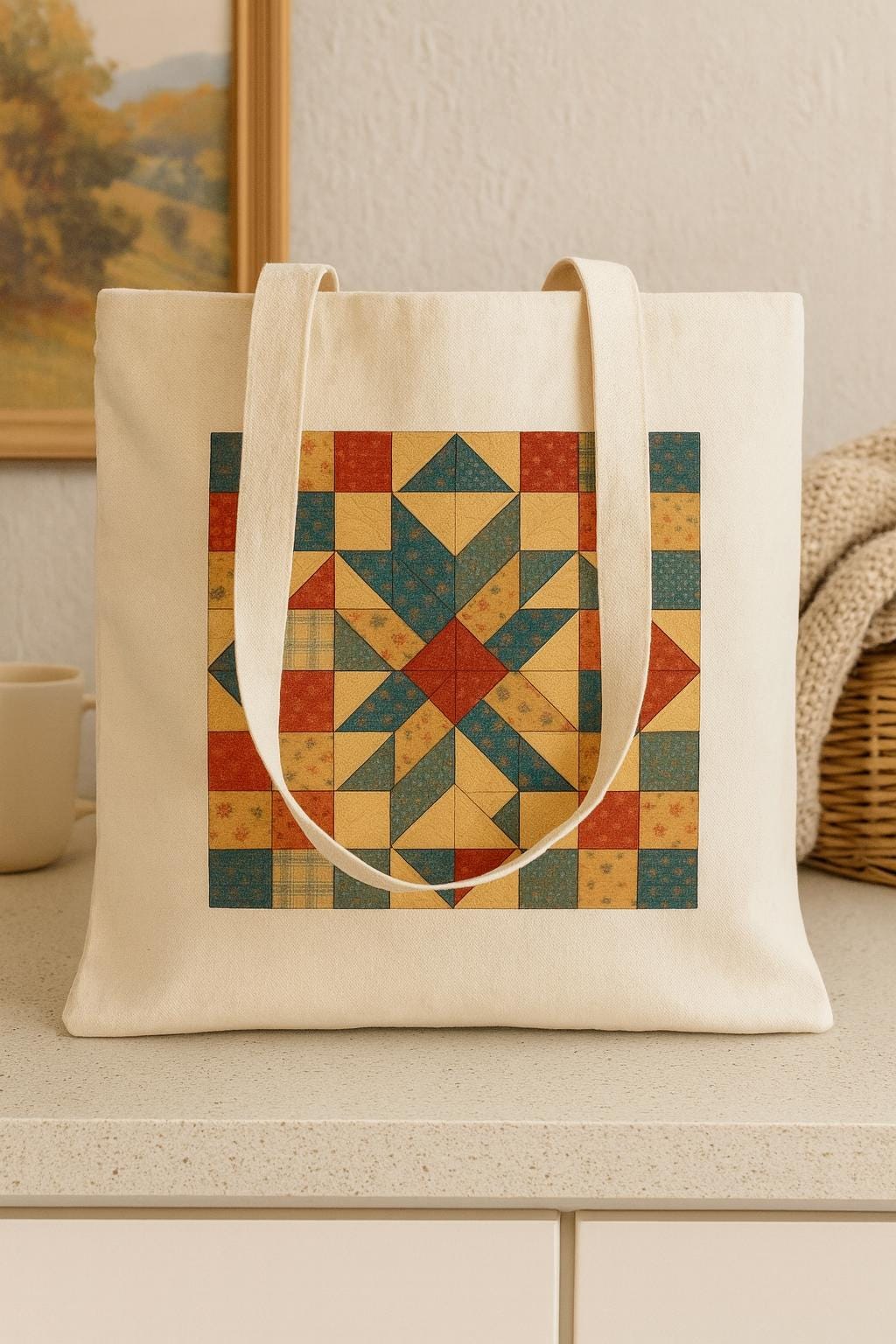 Appalachian Quilted-Style Tote Bag | Rustic Patchwork Star Design | Country Cottage Folk Tote | Handmade-Inspired Gift