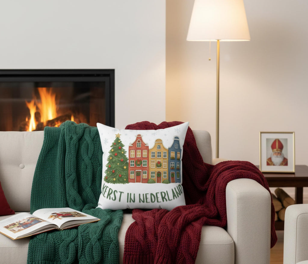 Dutch Christmas Pillow, Kerst in Nederland Cushion, Amsterdam Canal Houses Throw Pillow, Cozy Dutch Holiday Decor, Gezellig Christmas Accent
