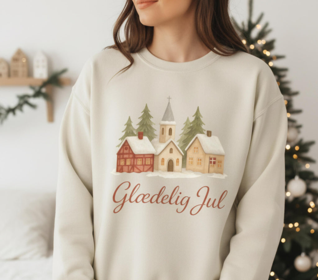 Glædelig Jul Christmas Sweatshirt • Danish Winter Village Scene • Scandinavian Holiday Sweater • Cozy Nordic Christmas Crewneck