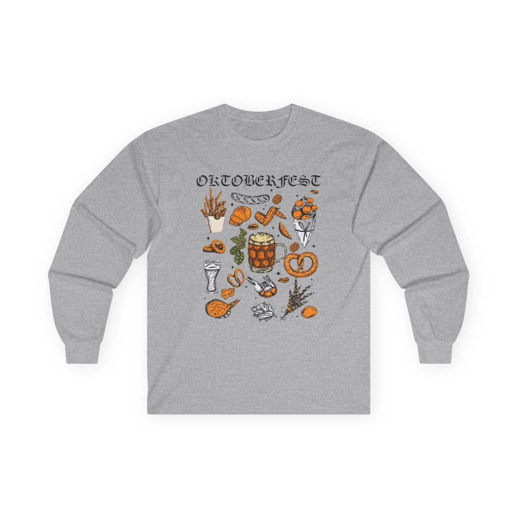 Oktoberfest Long Sleeve Shirt – German Bier & Food Graphic Tee, Bavarian Festival Top, Fall Party Shirt
