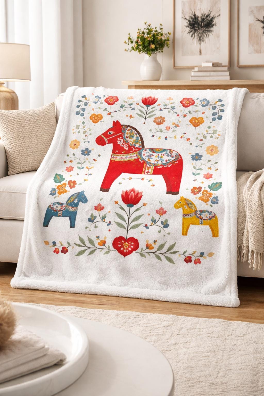 Scandinavian Dala Horse Blanket, Nordic Folk Art Throw, Swedish Horse Decor, Cozy Minky Plush Blanket 50x60, Neutral Home Accent