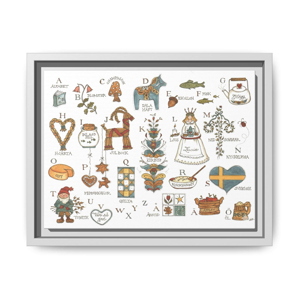 Scandinavian Alphabet Art Print | Swedish Folk Art ABC Poster | Nordic Nursery Wall Art | Dala Horse Alphabet | Framed Canvas Print