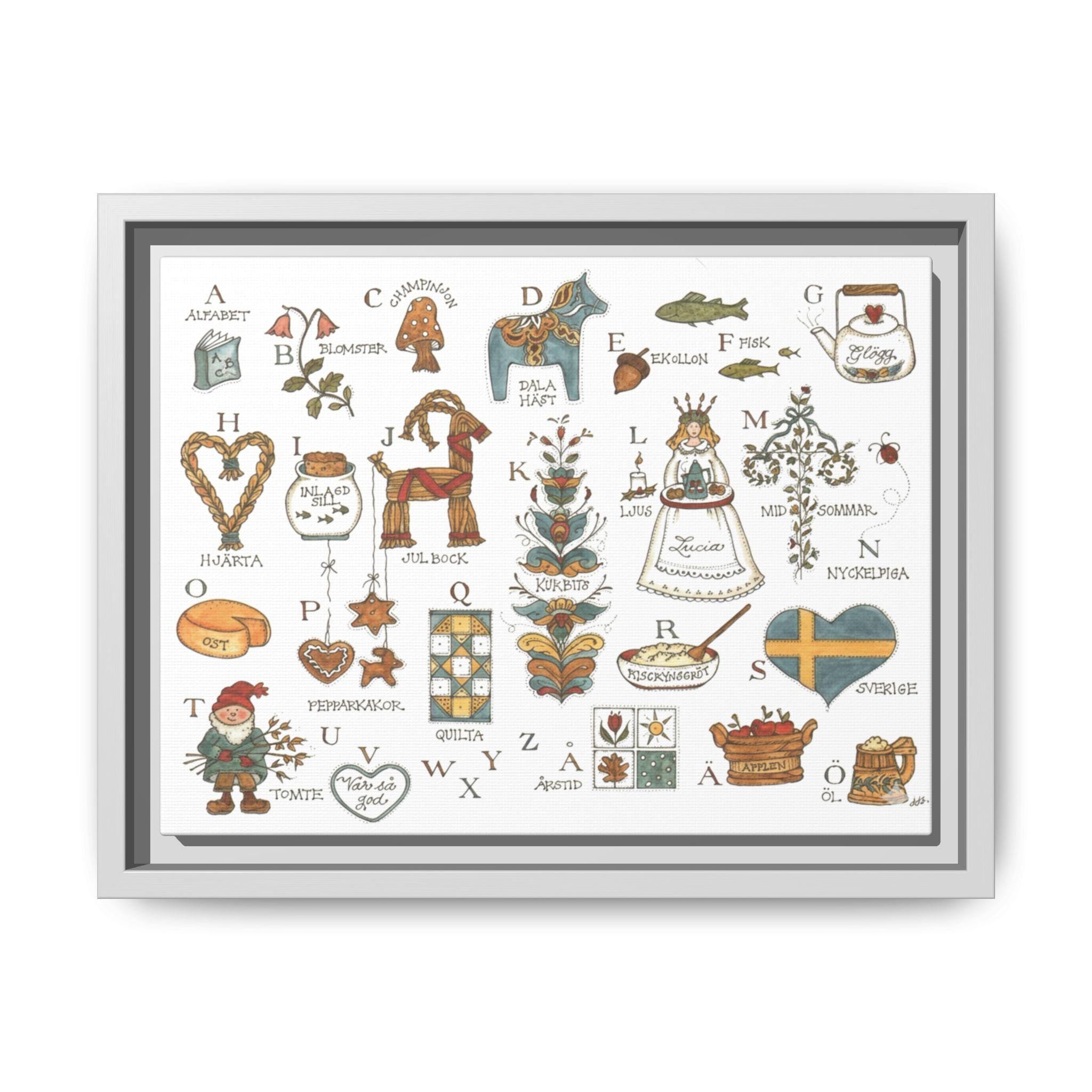 Scandinavian Alphabet Art Print | Swedish Folk Art ABC Poster | Nordic Nursery Wall Art | Dala Horse Alphabet | Framed Canvas Print