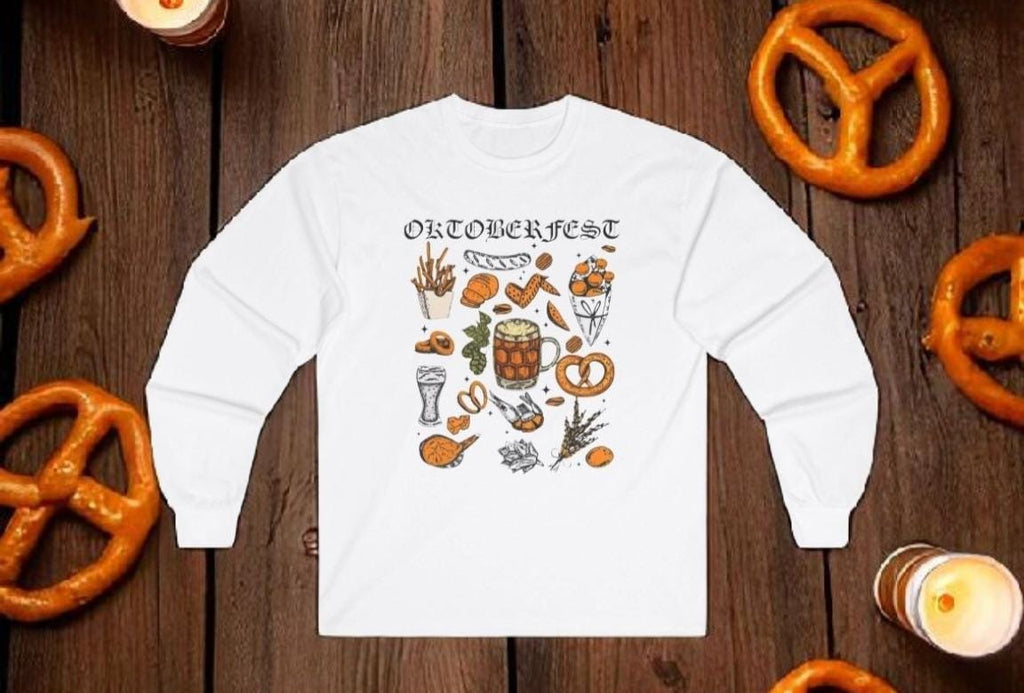 Oktoberfest Long Sleeve Shirt – German Bier & Food Graphic Tee, Bavarian Festival Top, Fall Party Shirt