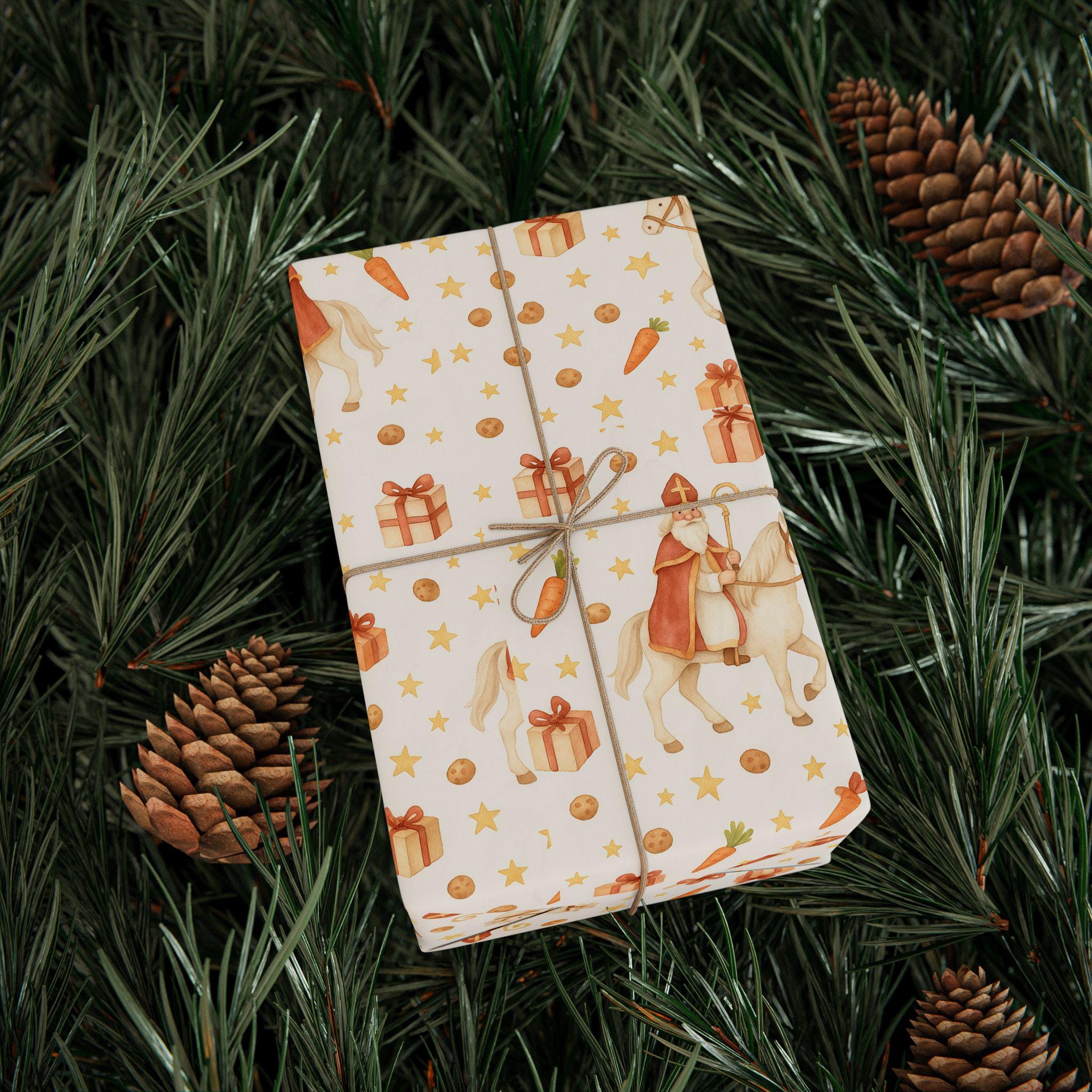 Watercolor Sinterklaas Wrapping Paper | Dutch Christmas Pakjesavond Gift Wrap | Saint Nicholas & Horse Dutch Holiday Paper