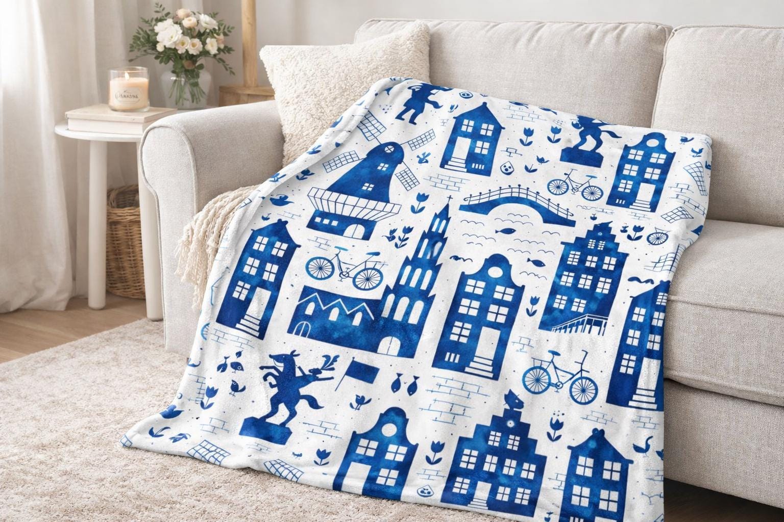 Dutch Delft Blue Minky Blanket | Cozy Holland Inspired Windmill and Canal House Throw | Soft Blue and White European Folk Decor | 3 Sizes