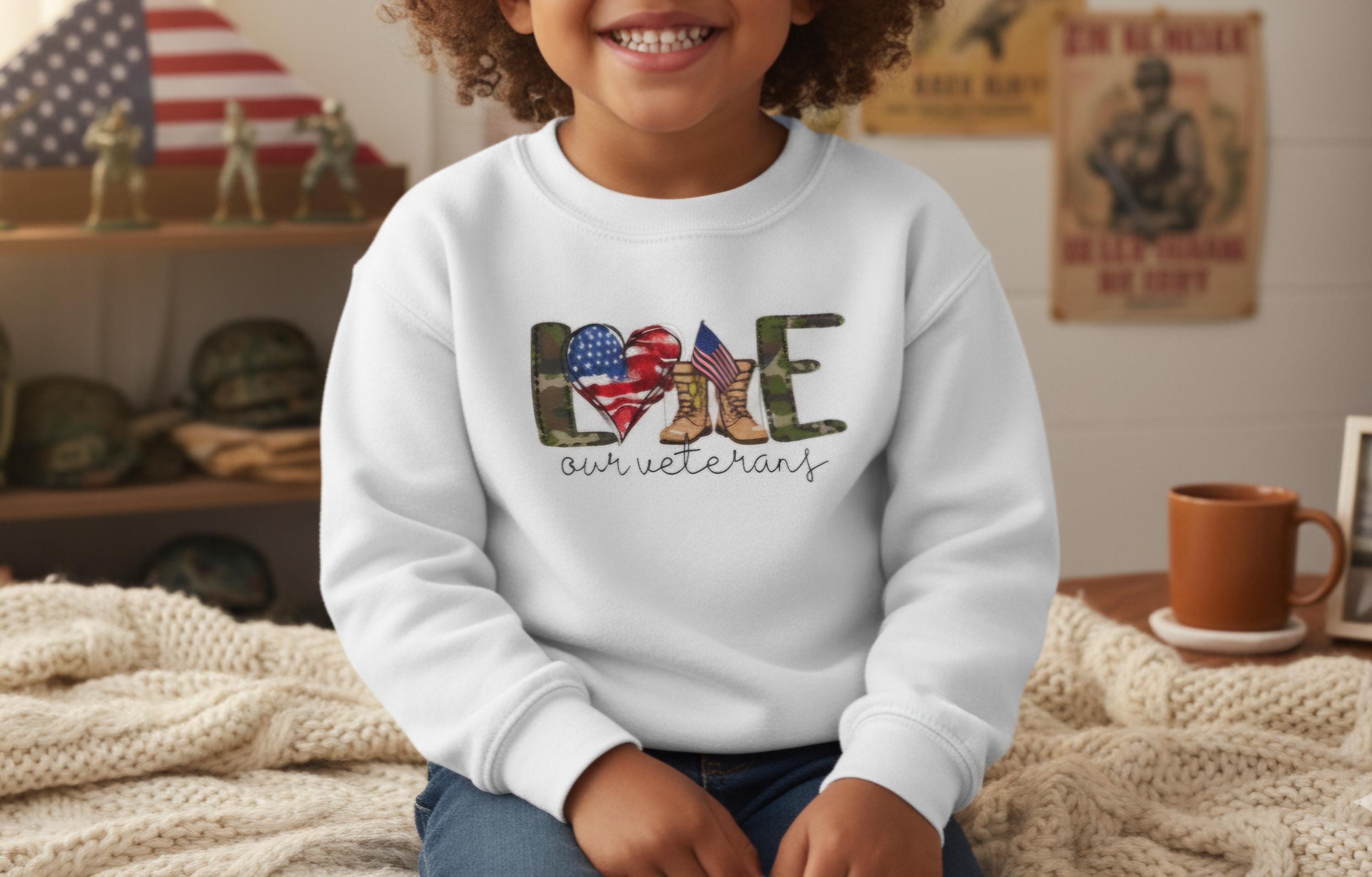Veterans Day Youth Sweatshirt – Kids Patriotic Military Shirt – Support Our Veterans – Army Navy Air Force Marines Tribute Sweater