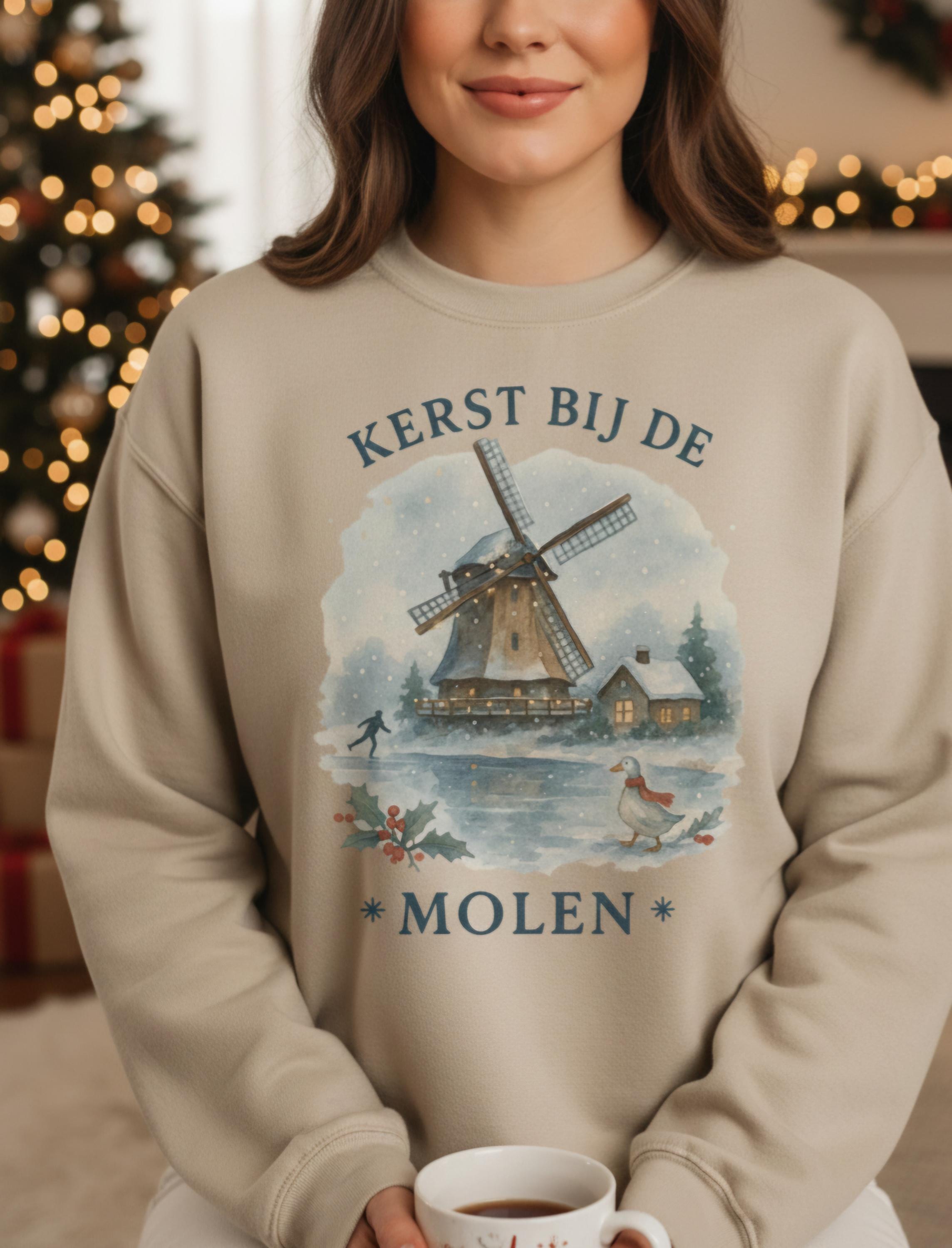 Kerst bij de Molen Dutch Christmas Sweatshirt | Watercolor Windmill Winter Scene | Holland Holiday Crewneck | Vintage Dutch Winter Village