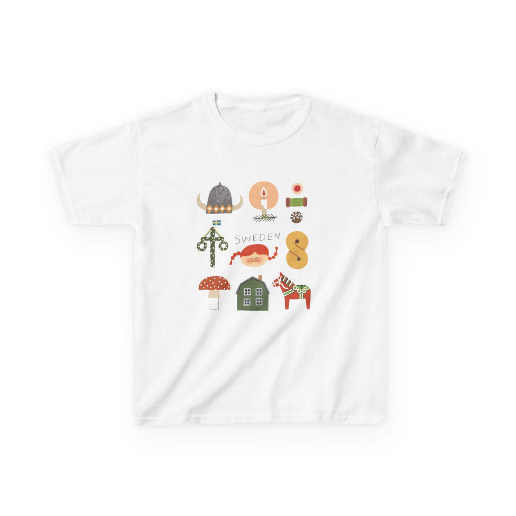 Sweden Icons Youth T-Shirt | Scandinavian Kids Shirt | Nordic Folk Art Tee | Swedish Dala Horse Shirt | Cute Europe Kids Gift
